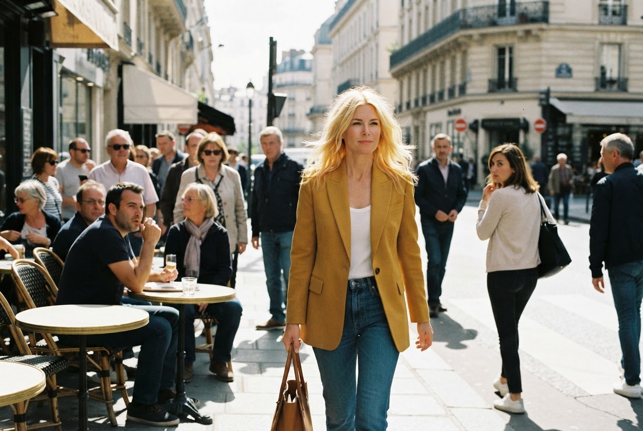 A woman with blonde hair walking in a sunny street, people turning to look at her.