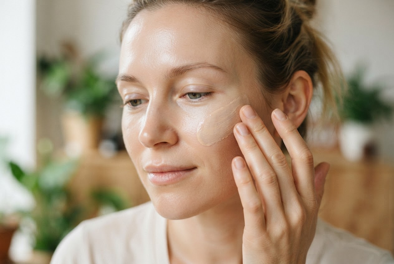 A serene woman with clear, fresh skin applying a light tinted sunscreen with her fingers, with no makeup elsewhere.