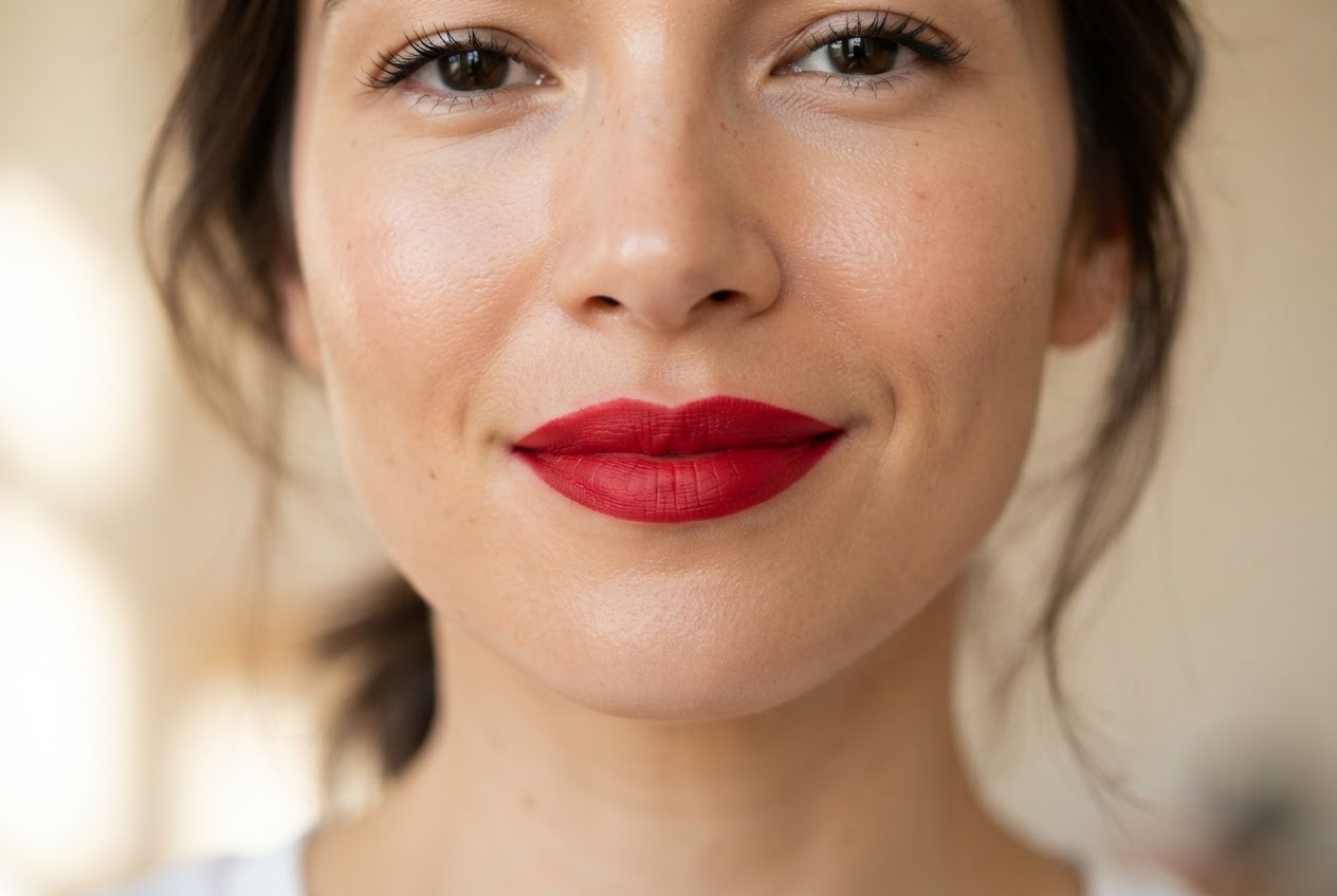 Close-up of a woman's lips with classic red lipstick, flawless application, and a confident smile.