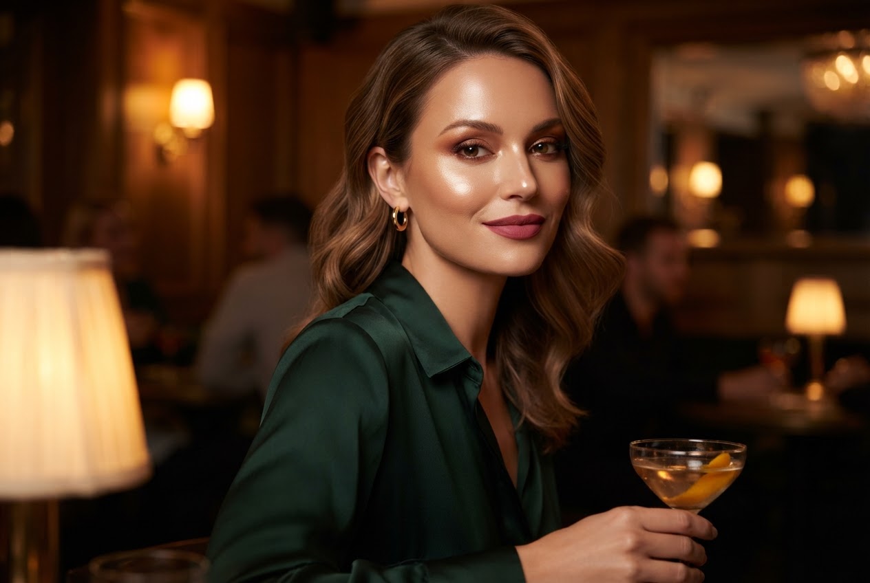 A woman in evening makeup with a subtle luminous base under bar lighting.