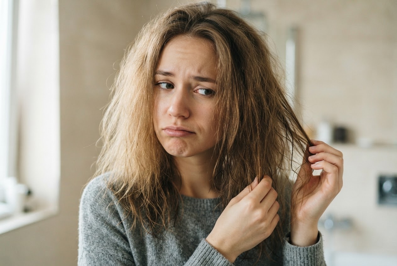 A woman with frizzy, undefined hair, looking disappointed, illustrating the result of using too wet hair with curlers.