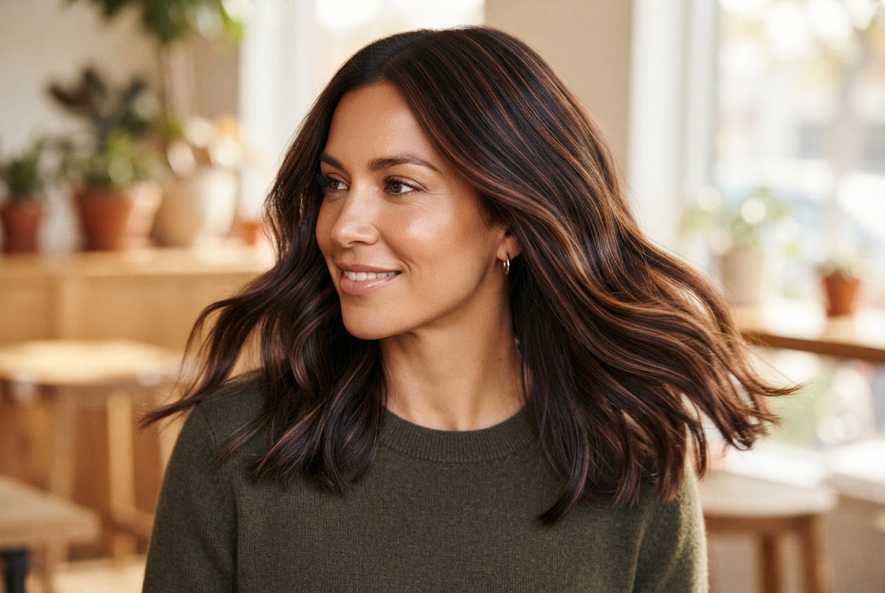 Woman with deep chocolate brown hair, subtle darker streaks visible as hair moves, warm natural lighting.