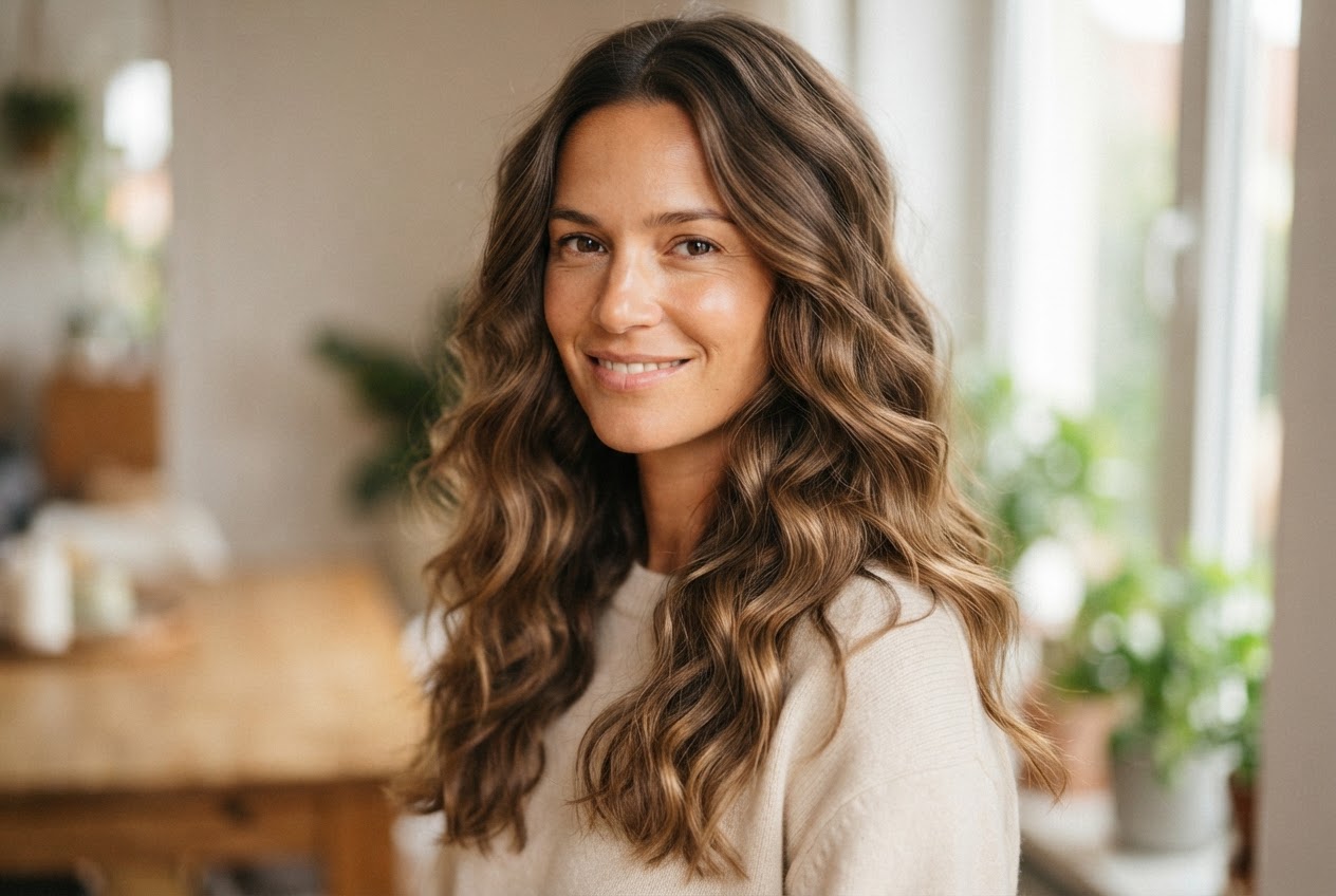 A woman with long, soft beach waves, looking natural and effortless.