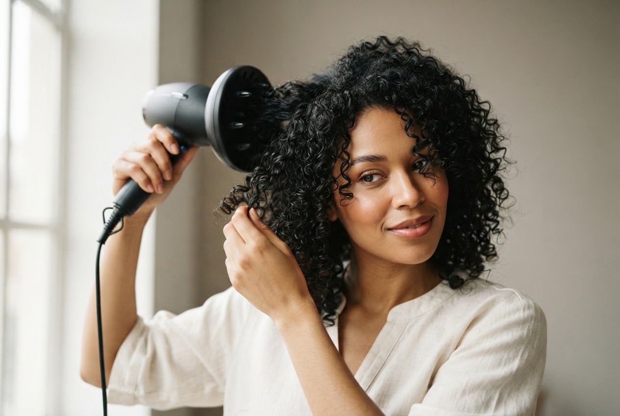 Woman with well-defined, springy black curls, photographed in natural light, curls clearly visible.