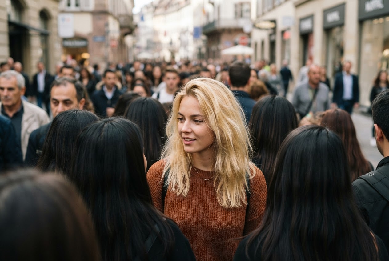 A woman with natural blonde hair stands out among a group of people with darker hair in a busy street.