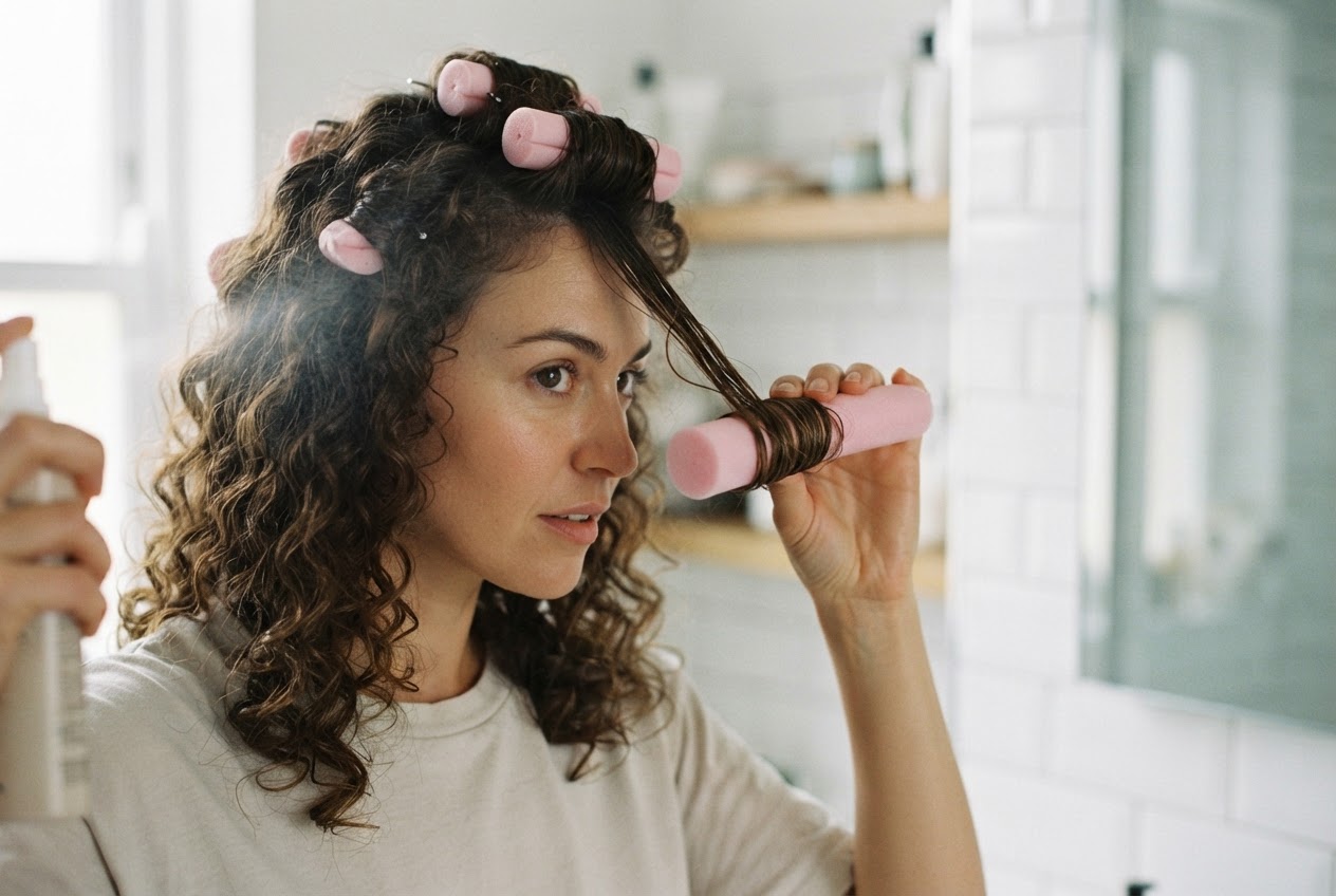 A woman with natural curls applying leave-in conditioner to a section of hair before wrapping it around a large foam curler.