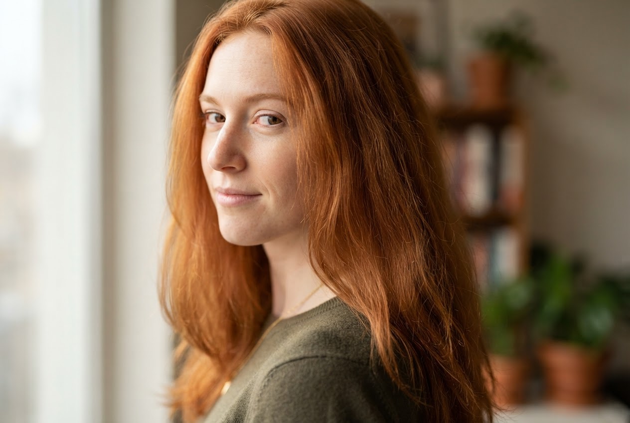 Portrait of a woman with long natural red hair, looking over her shoulder, with soft lighting.