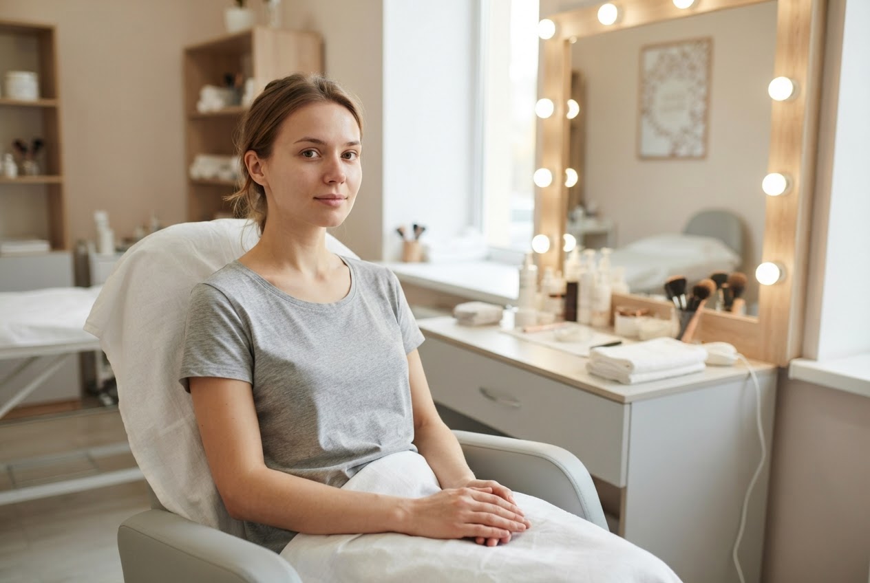 A woman with a clean, makeup-free face sitting in a beauty salon waiting for her threading treatment.