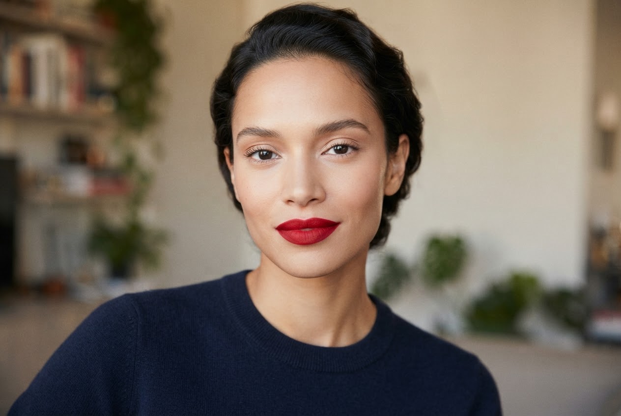 Portrait of a woman with red lipstick and natural eye makeup, neutral eyeshadow and mascara.