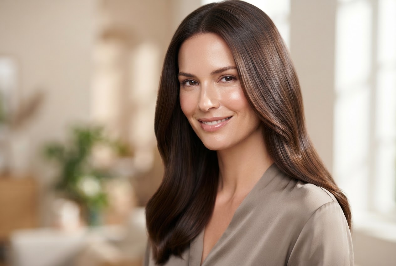 A woman with shiny, healthy brown hair, smiling, with a soft glow.