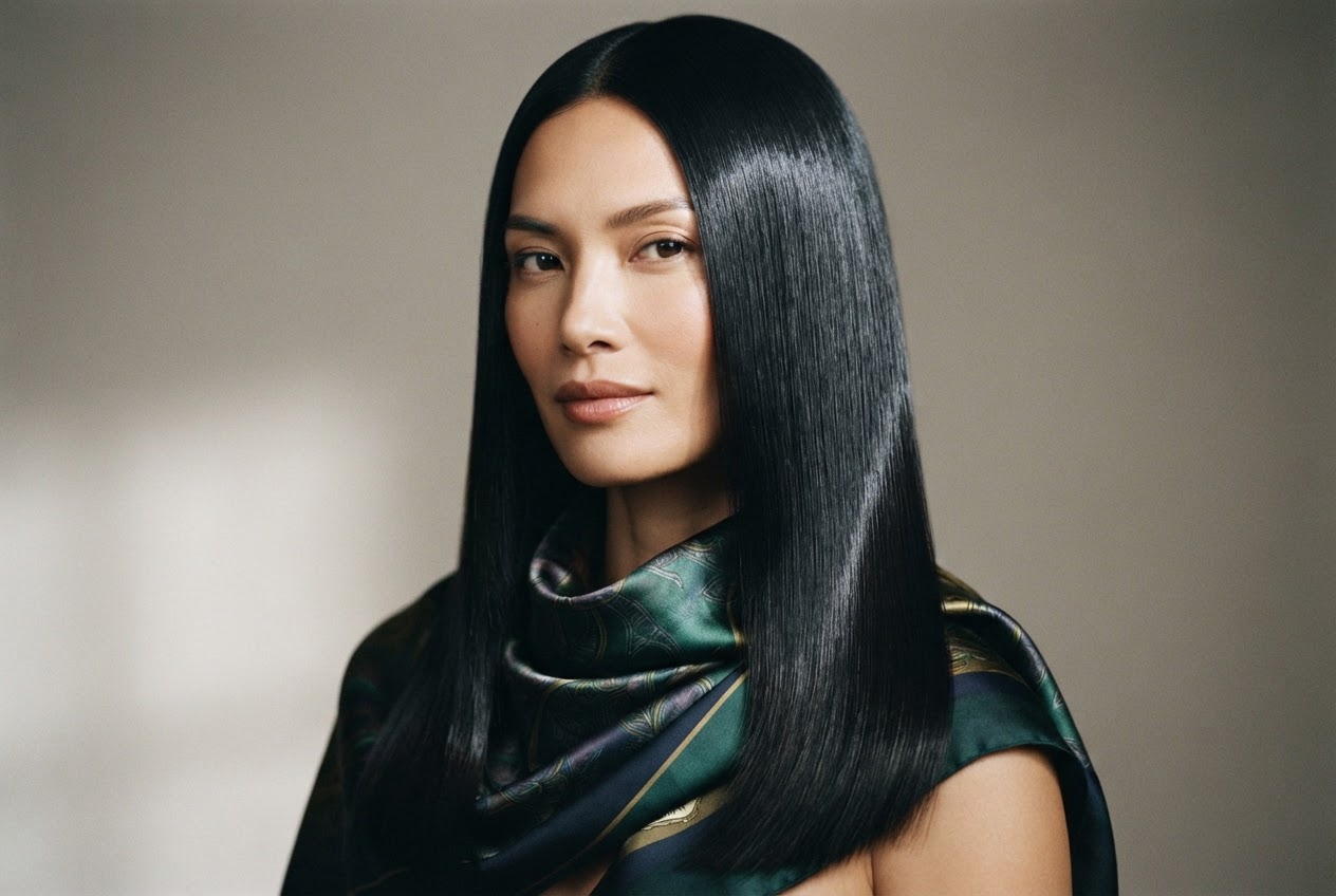 Woman with sleek, glossy black hair, a silk scarf around her shoulders, and a subtle reflection on the hair surface.