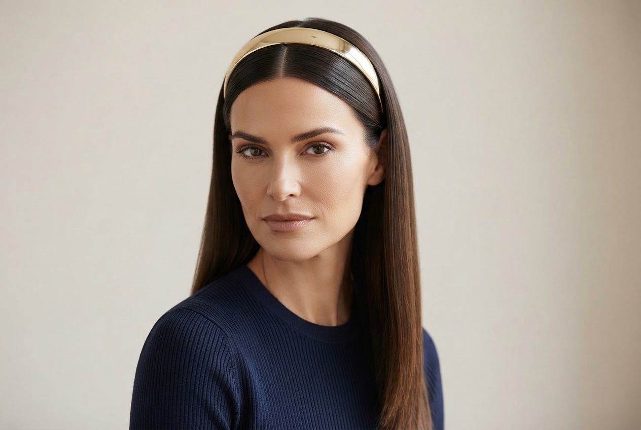 Woman with straight hair and a shiny metal headband, looking sophisticated.