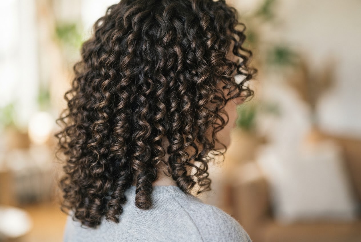 A woman with tight, springy corkscrew curls, close-up of the hair texture.