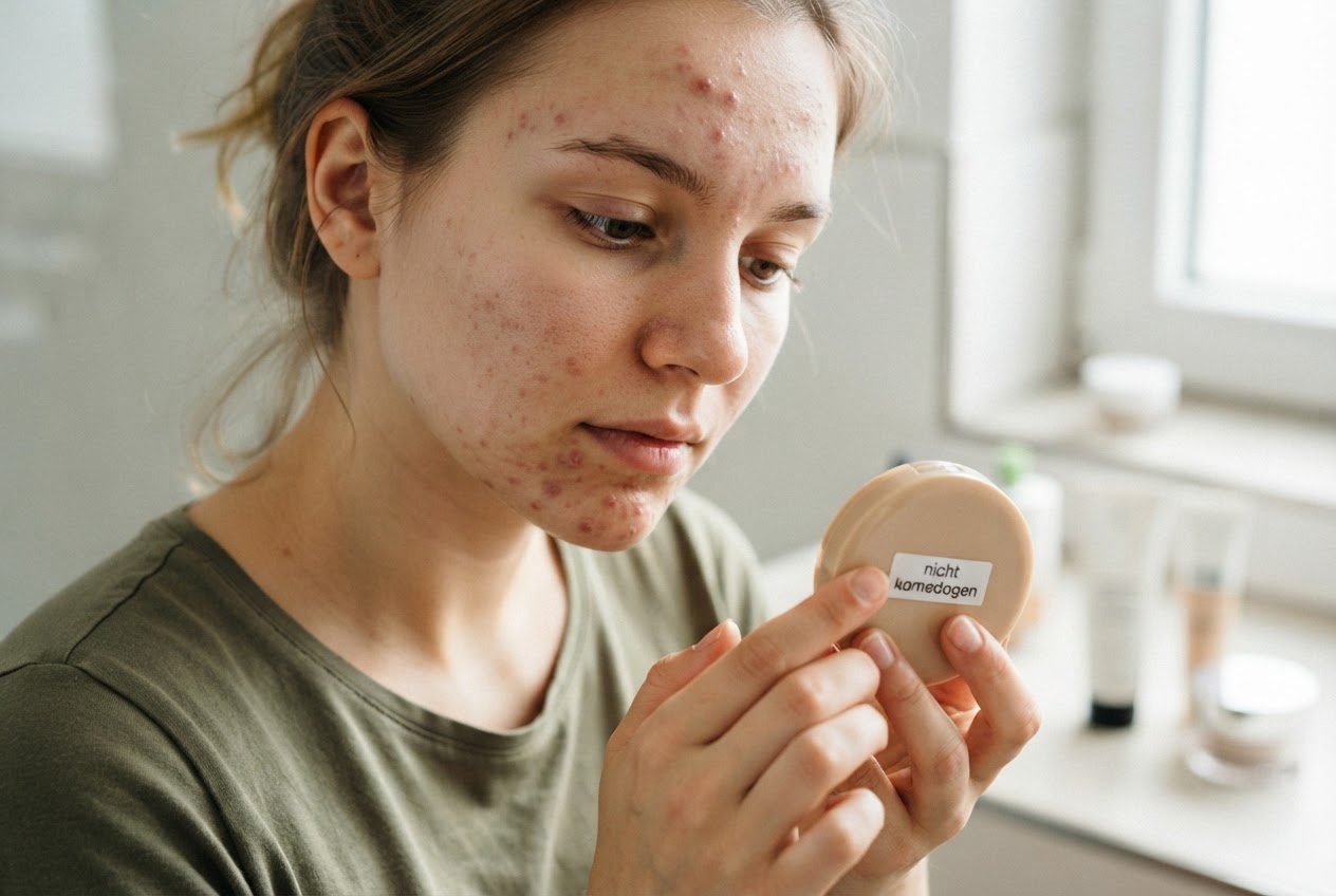 A young woman with visible blemishes on her forehead and chin looking at a compact foundation in her hand, with a small label reading 'nicht komedogen'.
