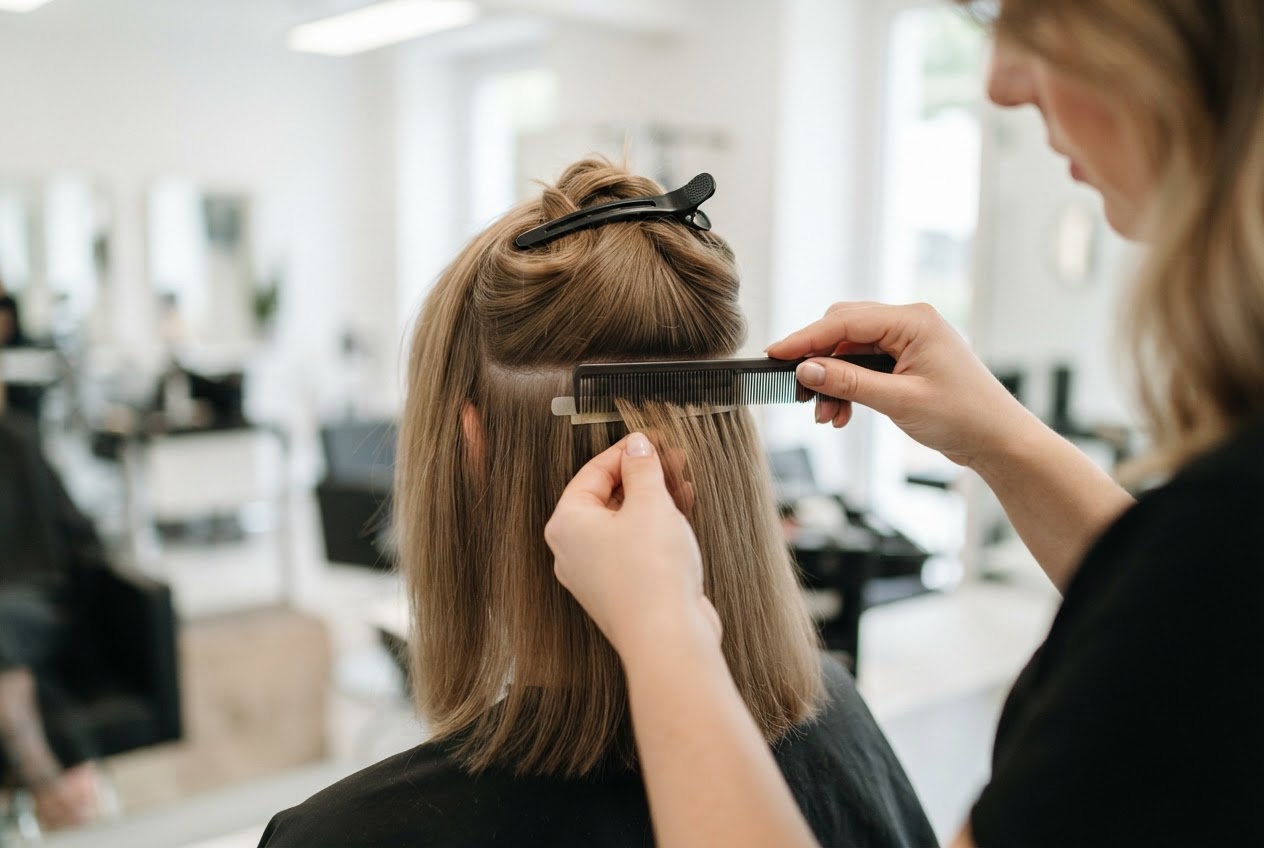 Friseurin arbeitet bei hellem Licht an einer übersichtlich abgeteilten Haarpartie am Hinterkopf.
