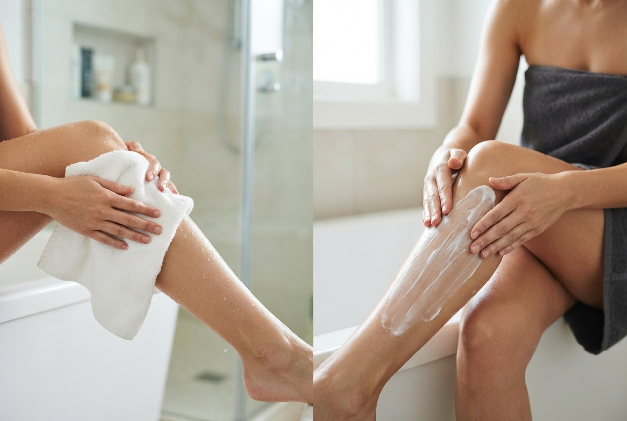 A person gently patting a leg dry with a towel and then applying lotion with both hands.