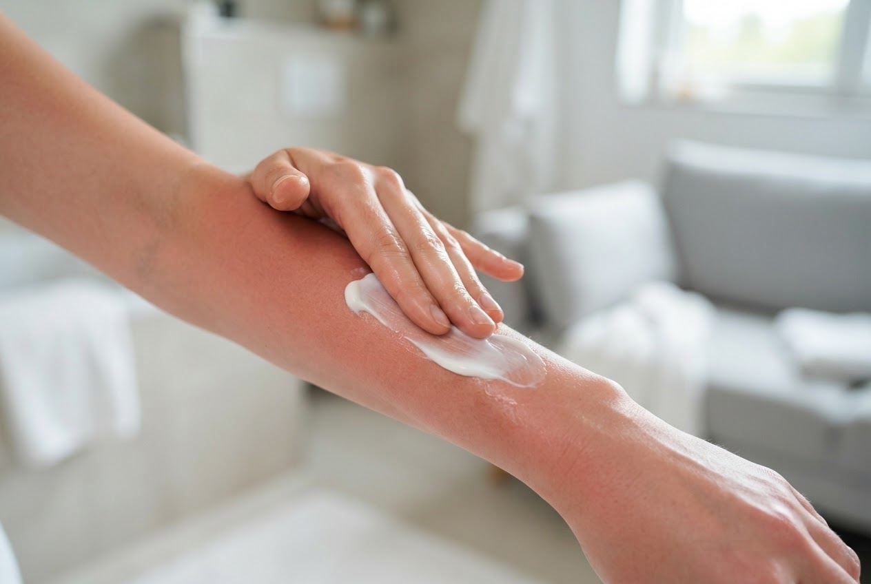 Eine Person trägt kühlende After-Sun-Lotion auf ihrem Arm auf.