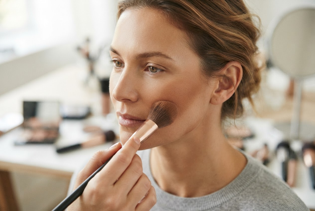 Applying bronzer with an angled brush along the cheekbones, temples, and jawline.
