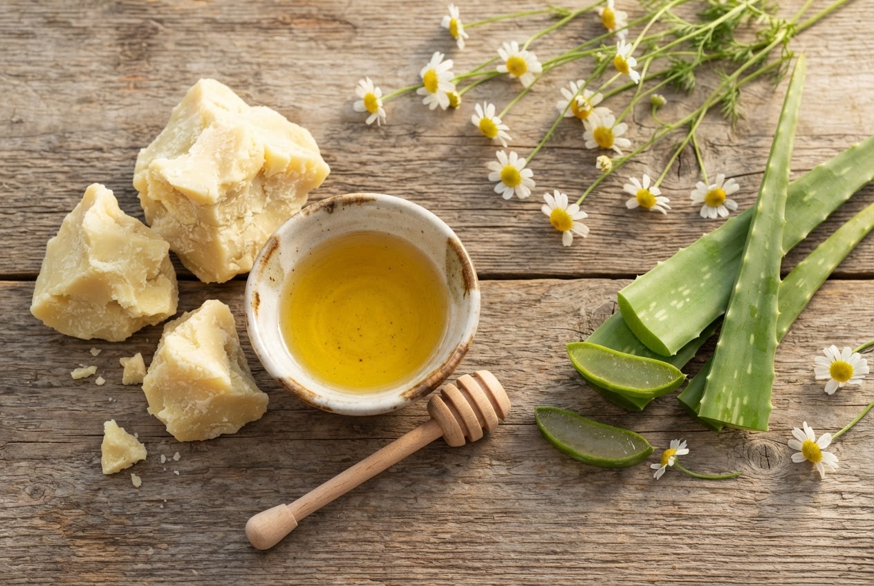 A still life of natural cosmetic ingredients: shea butter lumps, jojoba oil in a small bowl, aloe vera leaves, and chamomile flowers on a wooden surface.
