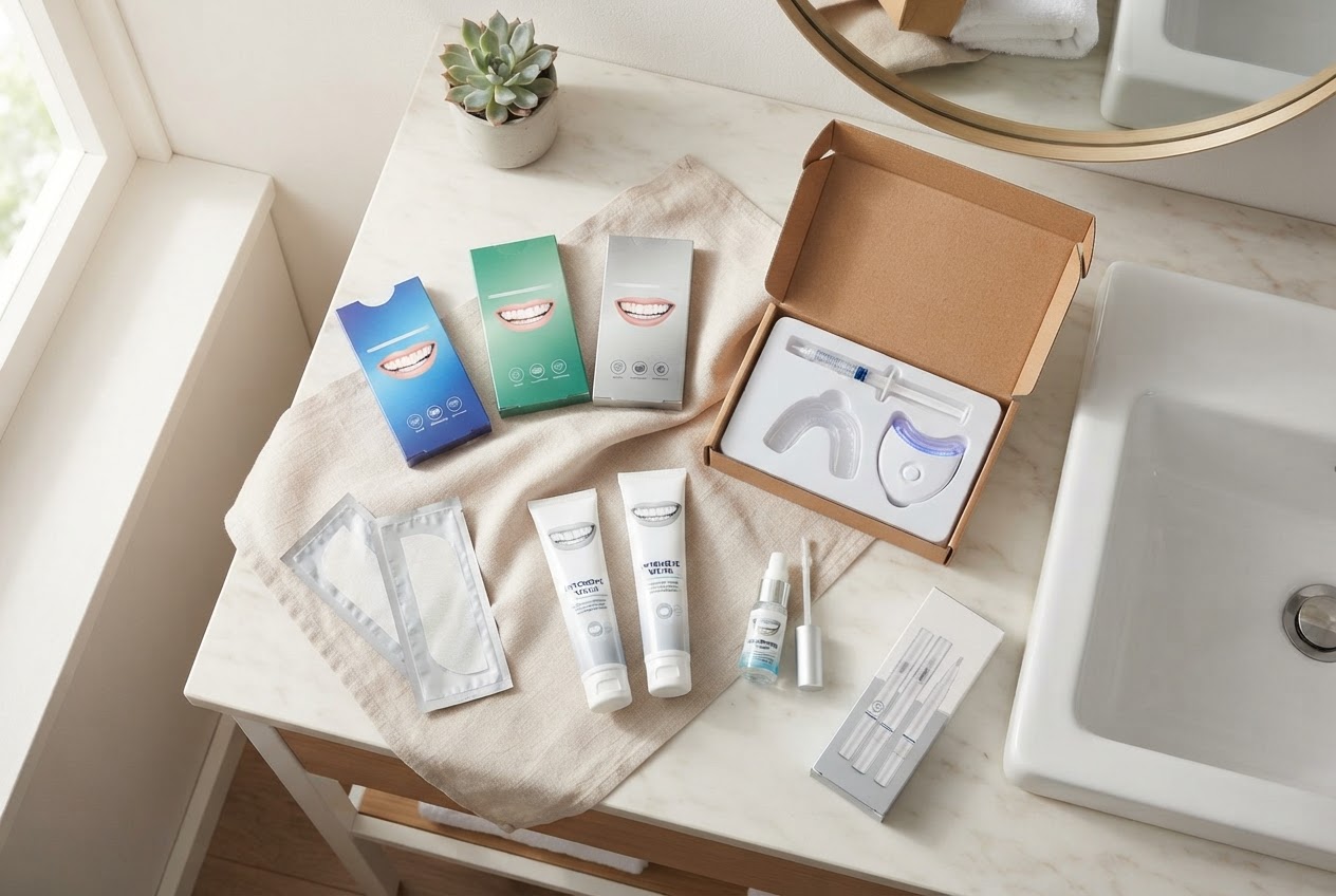 Assortment of whitening strips, toothpaste, and bleaching kits on a bathroom counter.