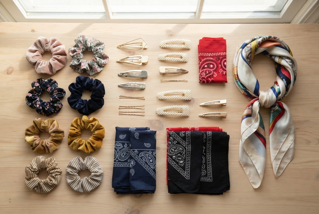Flat lay of various hair accessories including scrunchies, hair clips, headbands, and scarves.