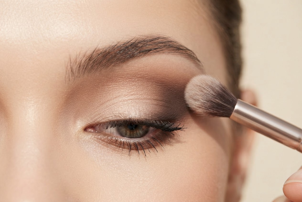 Step-by-step illustration of applying eyeshadow: base color on the lid, medium tone in the crease, and dark accent at the outer corner.