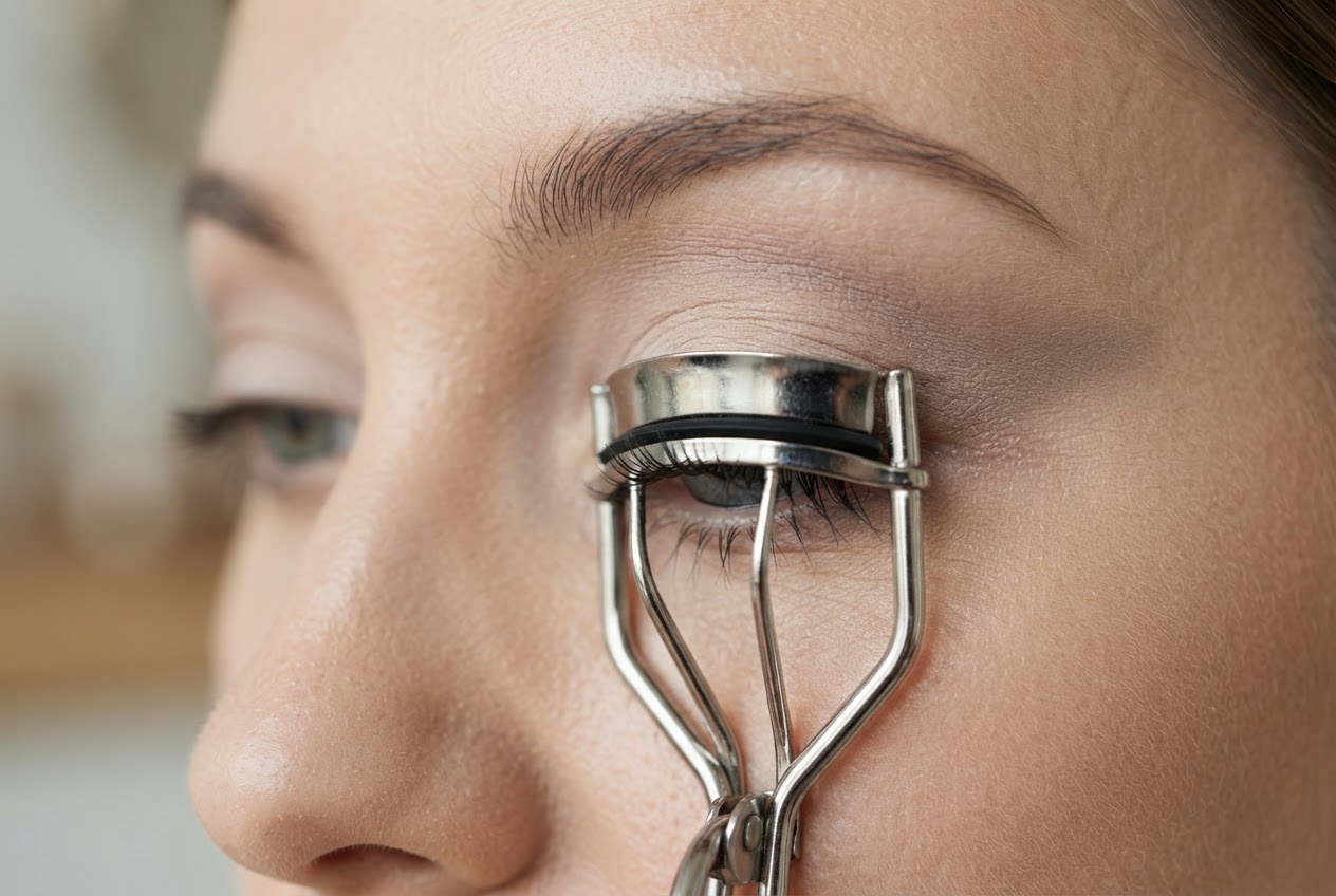 An eyelash curler being used on a person's eyelashes.