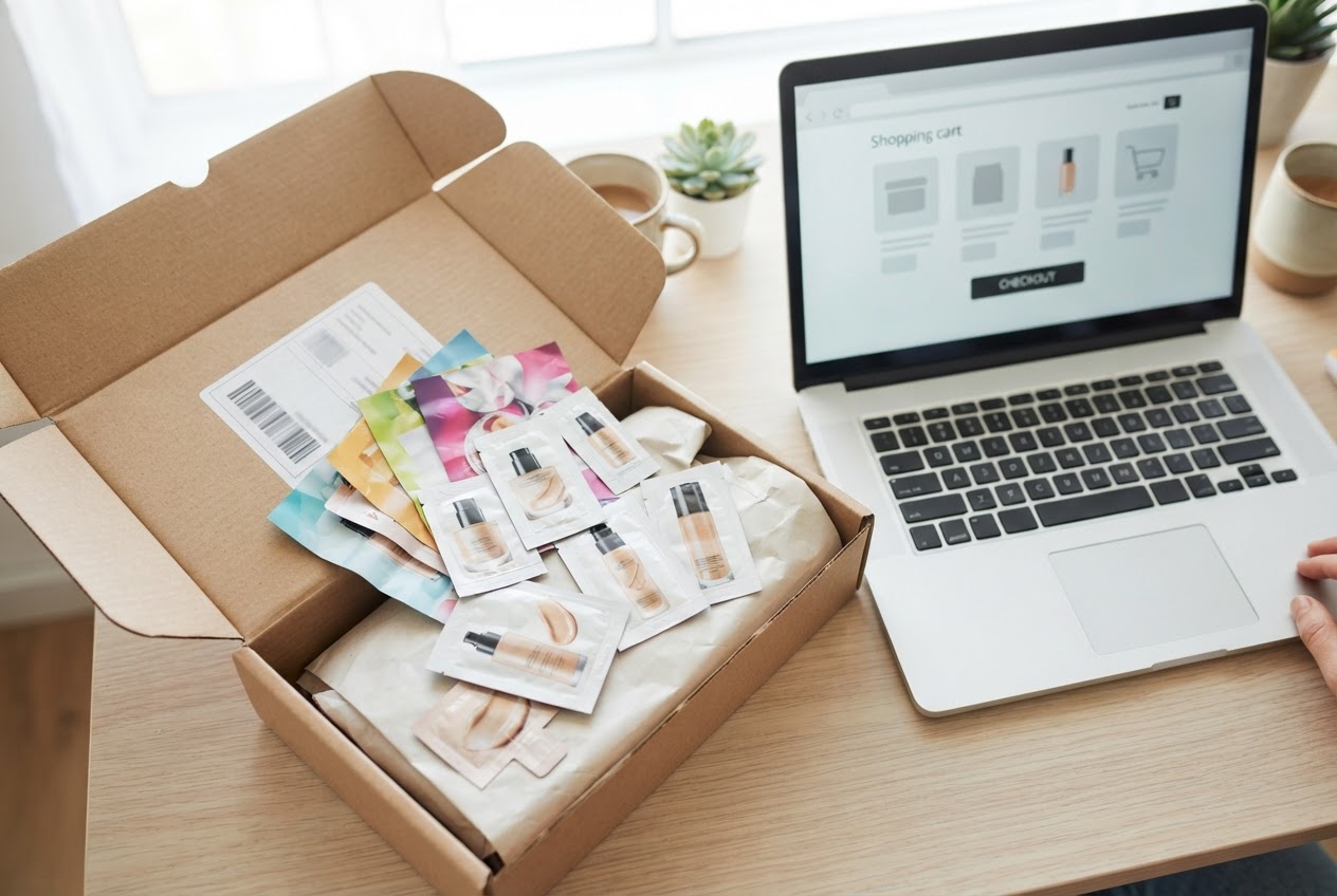Open package with makeup samples next to a laptop showing an online shopping cart