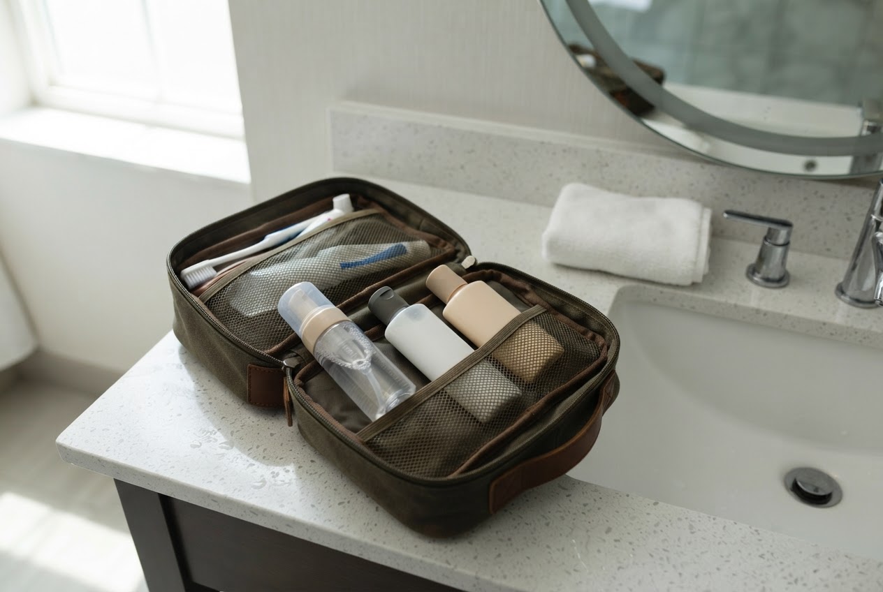 A small toiletry bag open on a hotel bathroom counter, containing travel-size bottles of cleanser, moisturizer, and sunscreen.