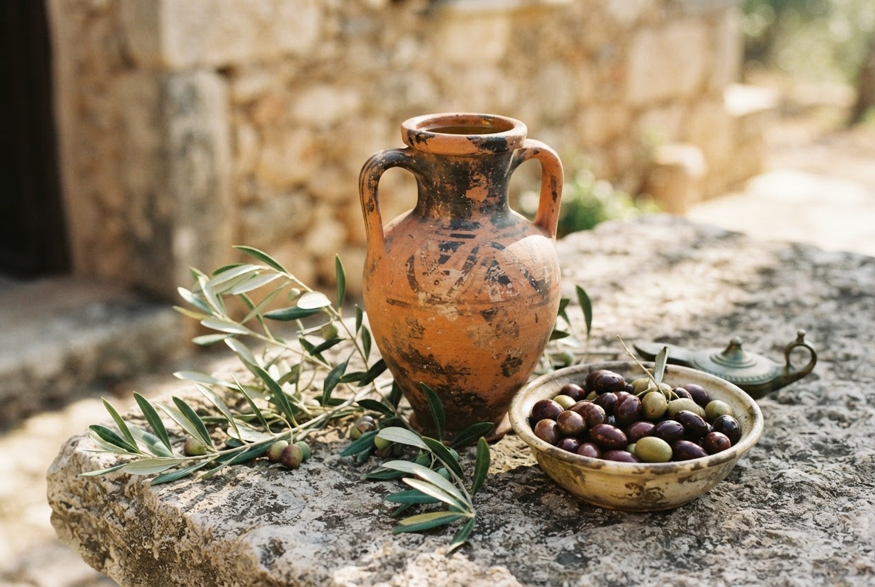 Antike griechische Amphore mit Olivenöl und Olivenzweigen auf einem Steintisch.