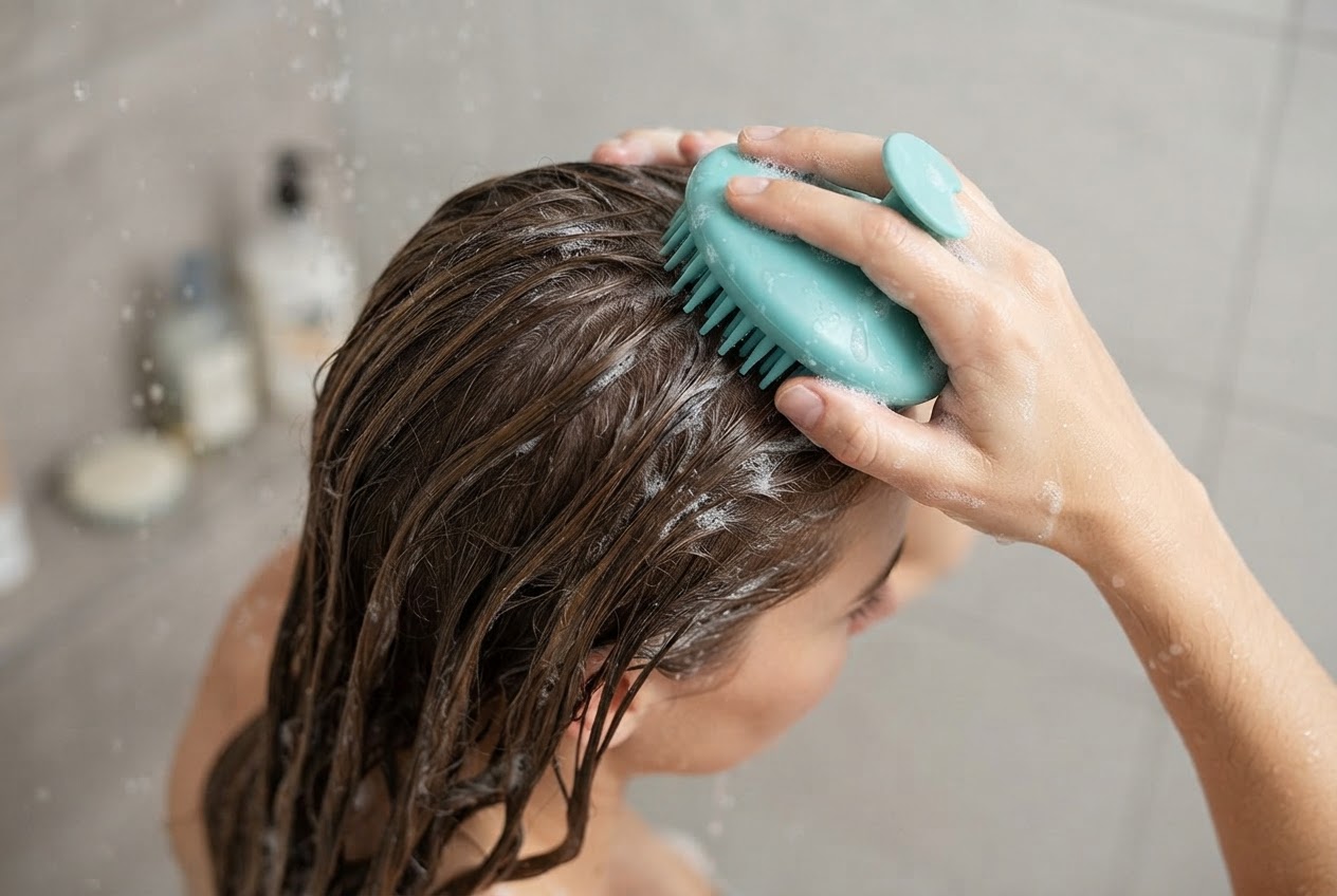 Eine Person massiert ihre Kopfhaut mit einer Shampoobürste unter der Dusche.