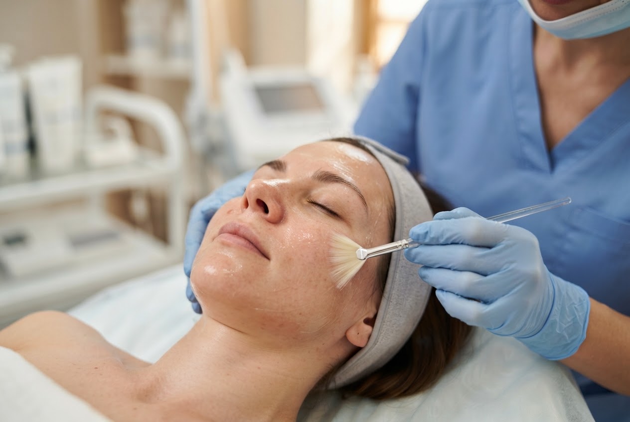 Doctor applying a chemical peel solution with a brush on a patient's face.