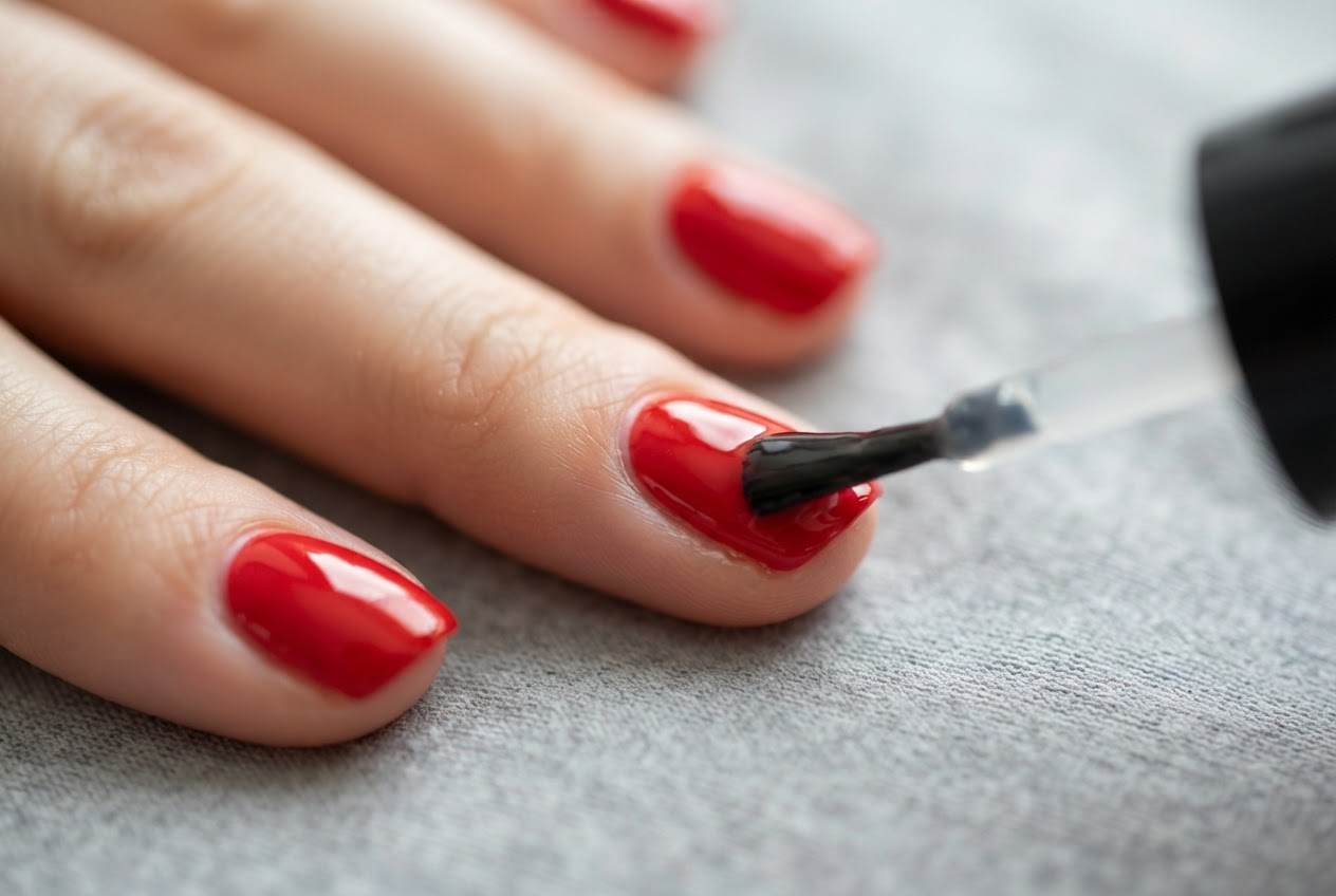 Ein Pinsel trägt einen klaren Überlack auf einen rot lackierten Nagel auf, der glänzt.