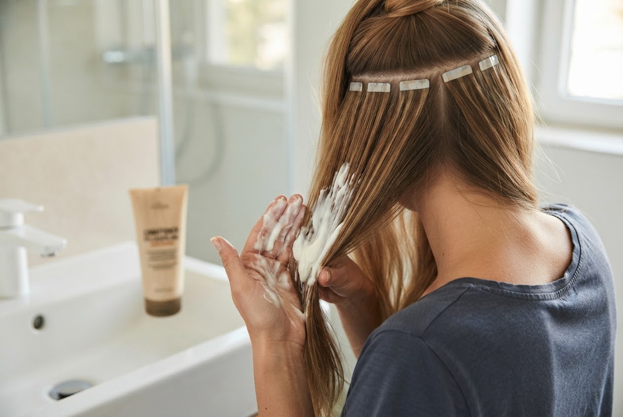 Hand applying conditioner to the mid-lengths and ends of long hair, leaving a gap near the scalp where tape extensions are attached.