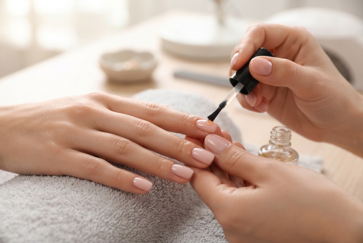 A hand with finished gel nails, a small bottle of cuticle oil being applied with a brush, nails glossy and neat.