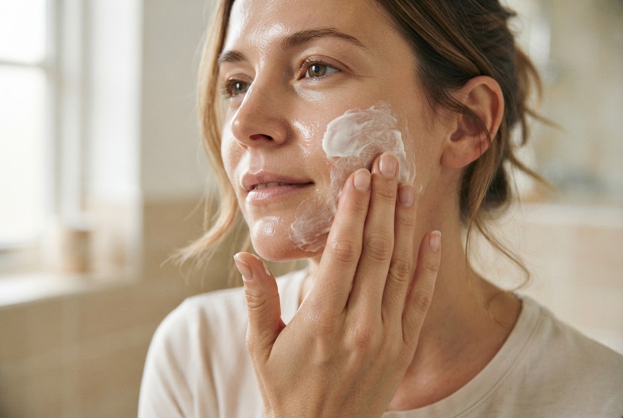 A woman applying a white cream to her cheek with her fingers, face partly visible.