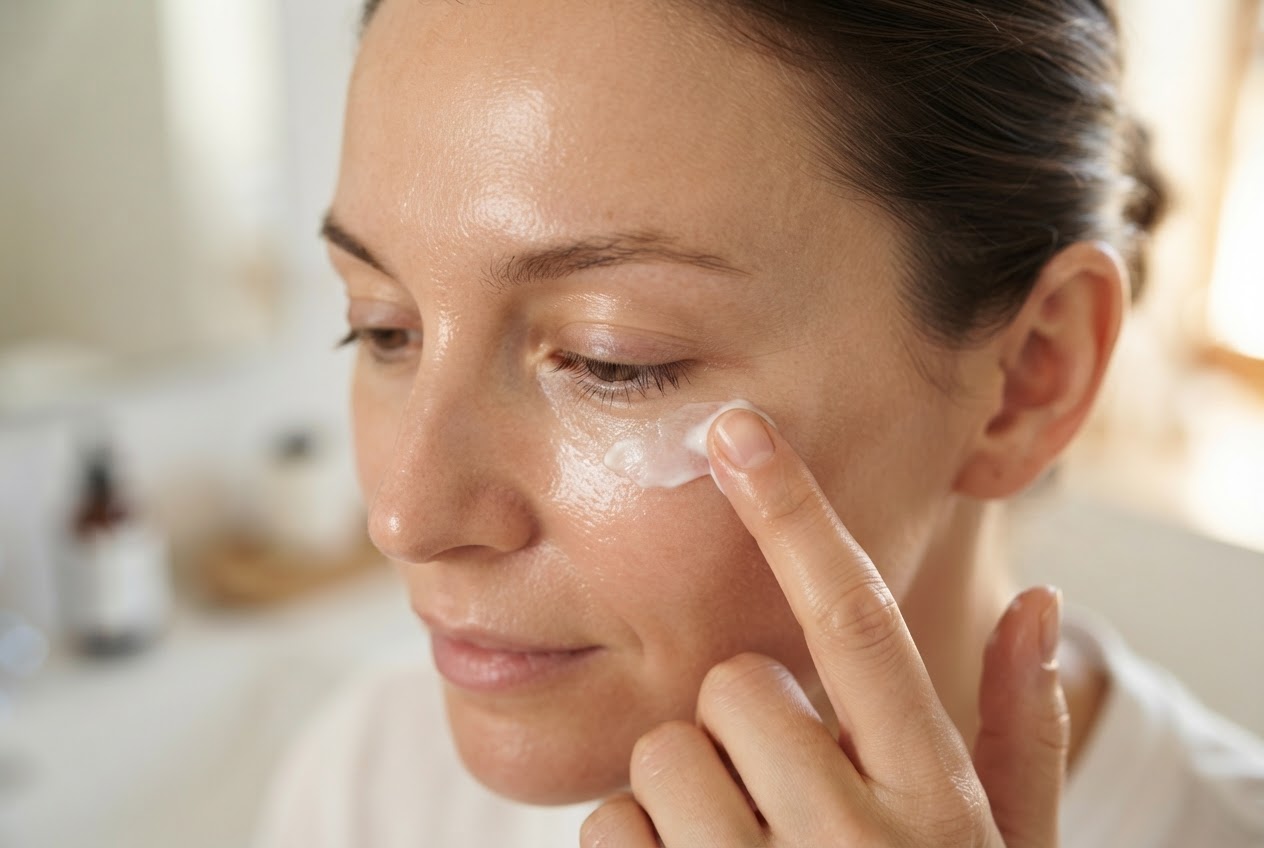 A hand applying a small amount of eye cream with a fingertip under the eye