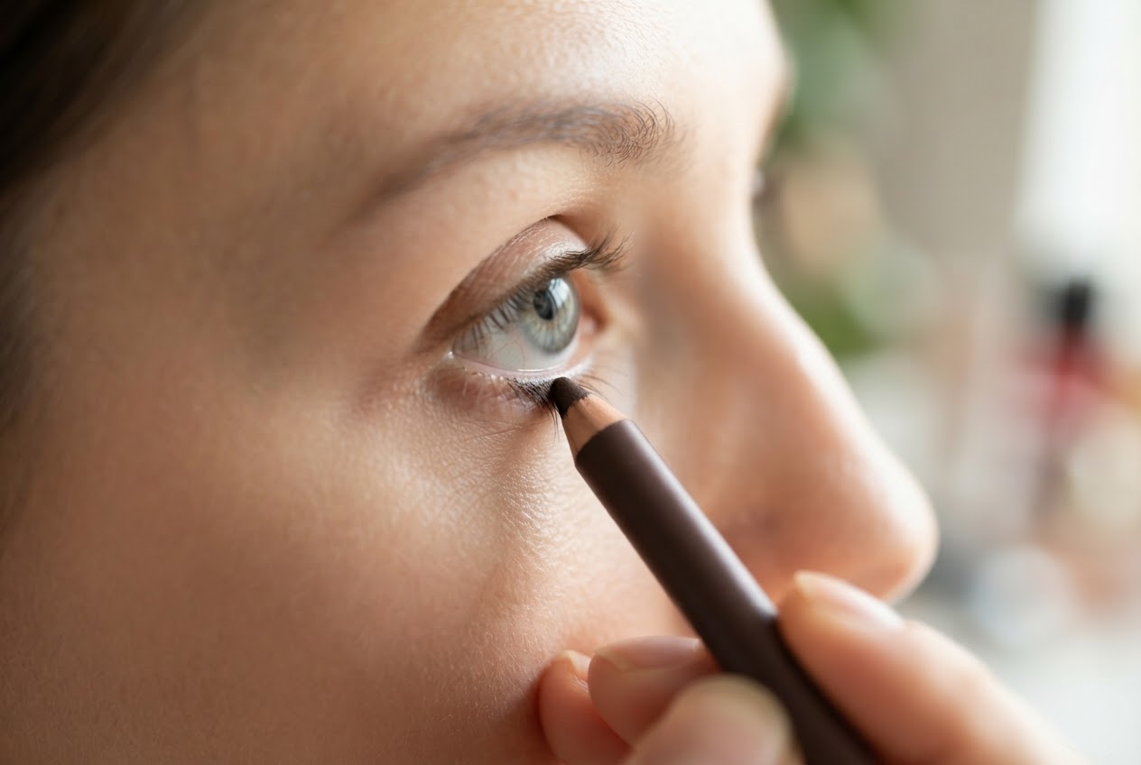 A close-up of an eye with a brown eyeliner pencil being applied to the lower waterline.
