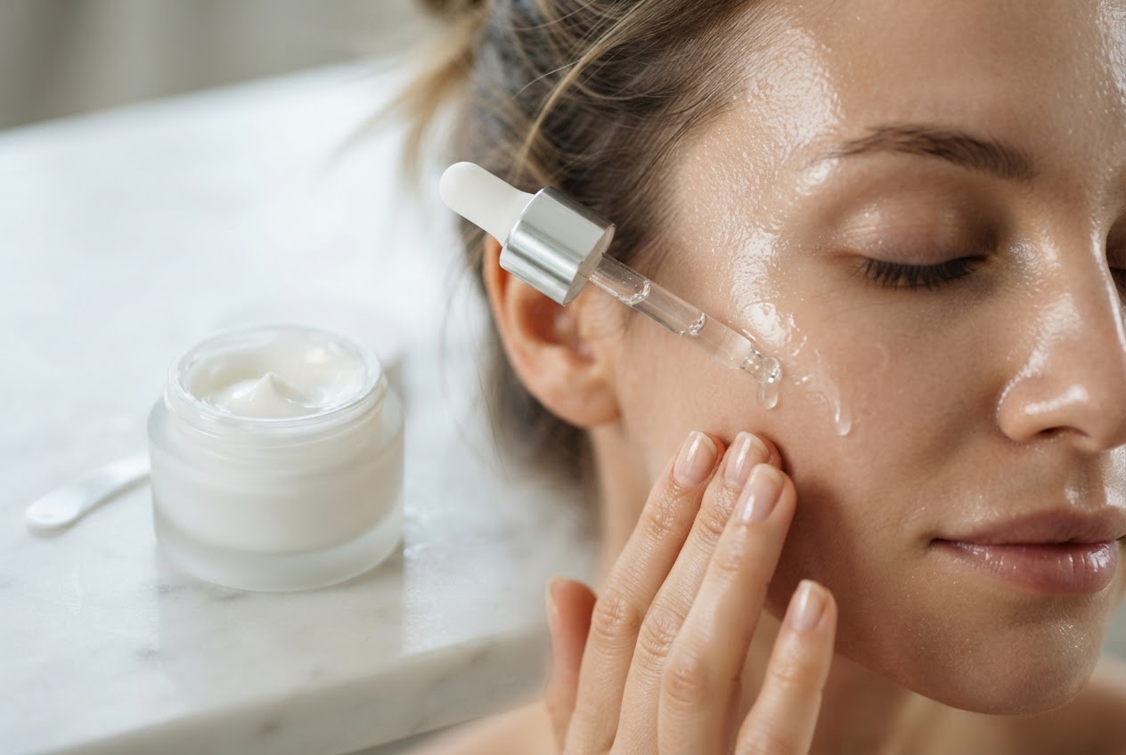 A hand using a dropper to apply a clear serum onto a woman's cheek, followed by a cream, with dewy skin visible.