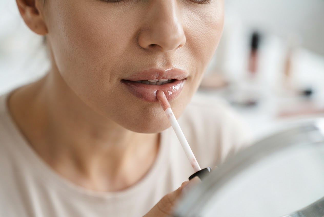 A woman applying a shiny lip gloss with a doe-foot applicator to her lips, looking into a mirror.