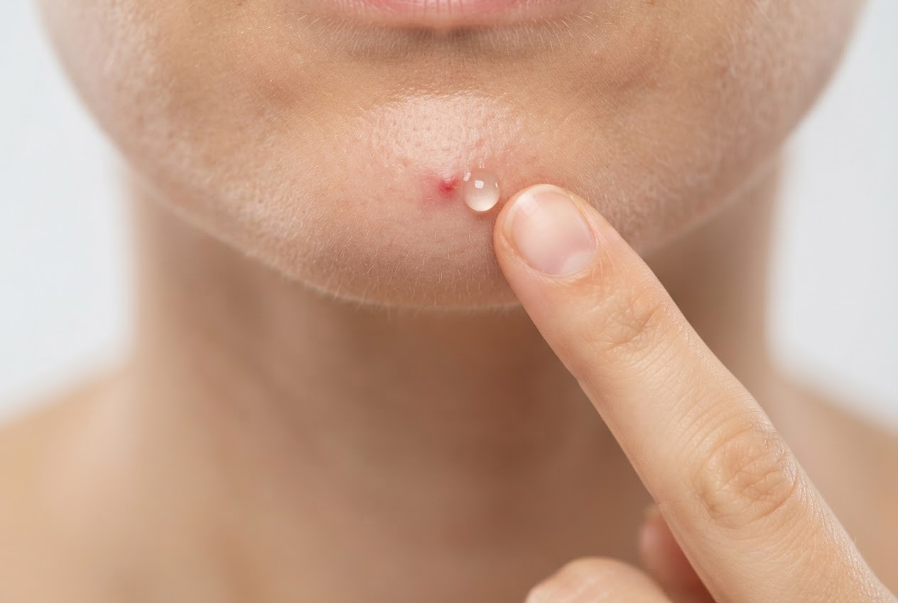 Macro shot of a finger applying a small amount of clear gel directly onto a red blemish on the chin.