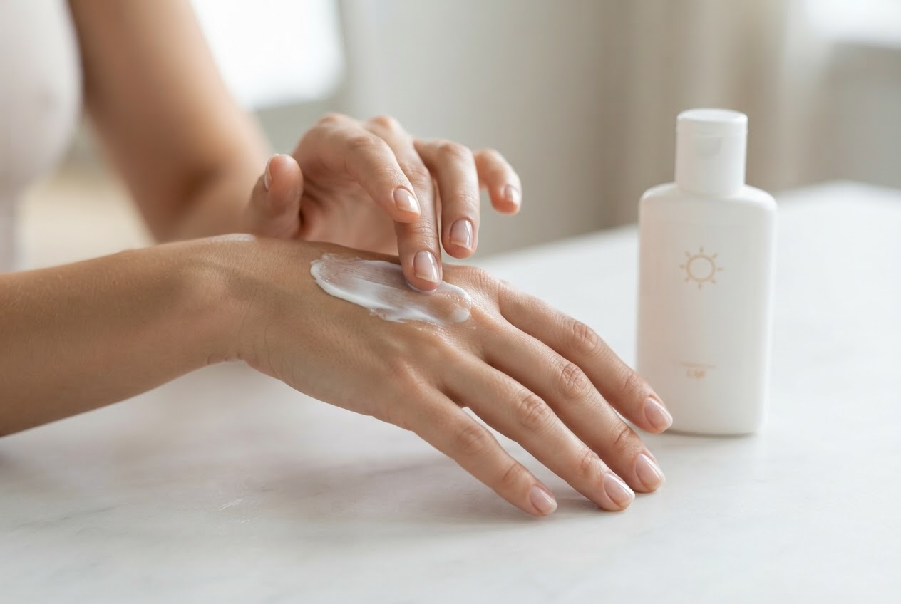 A hand applying sunscreen lotion to the back of the other hand, with a bottle of sunscreen nearby.