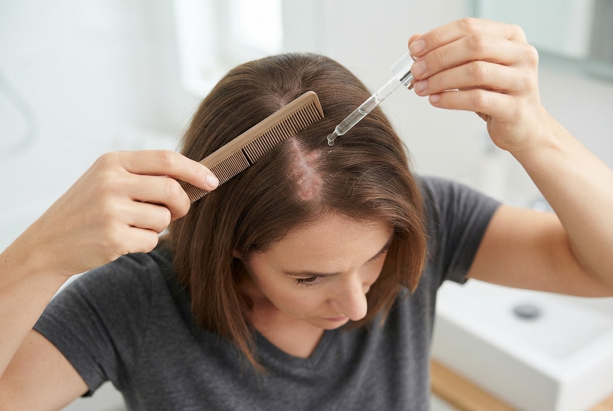 A person parting their hair with a tail comb to create a thin line, then applying a drop of solution onto the exposed scalp with a pipette.