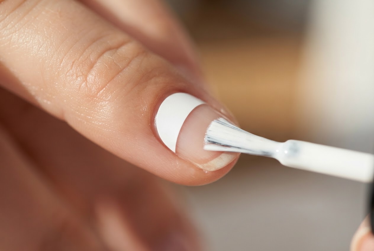 Nahaufnahme eines Fingers, auf dessen Nagel eine Halbmond-Schablone liegt und die Spitze freigibt, während ein Pinsel weißen Lack aufträgt.