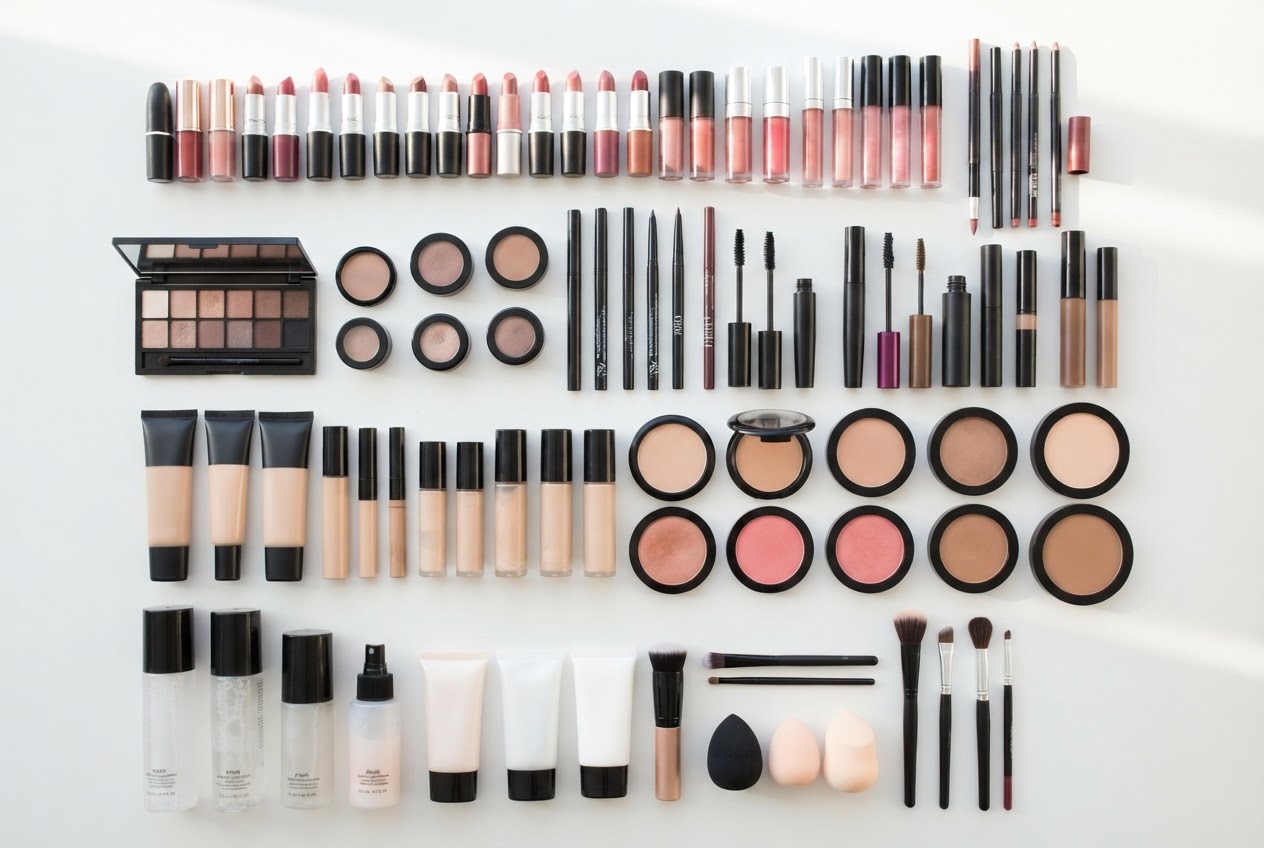 Flat lay of ASTOR lipsticks, eyeshadows, foundations, and setting sprays.
