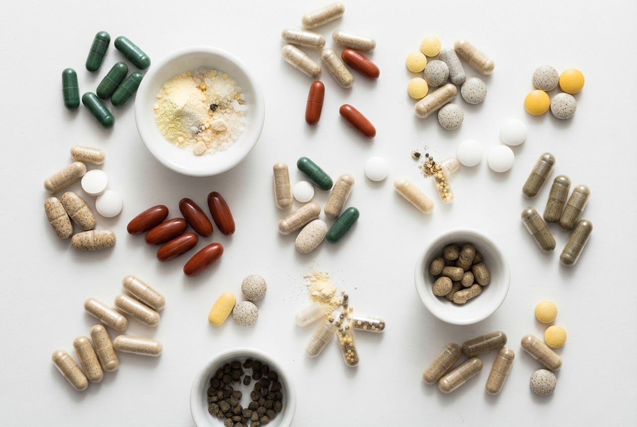 A collection of supplement capsules and tablets in different colors on a white surface, representing multi‑ingredient products.