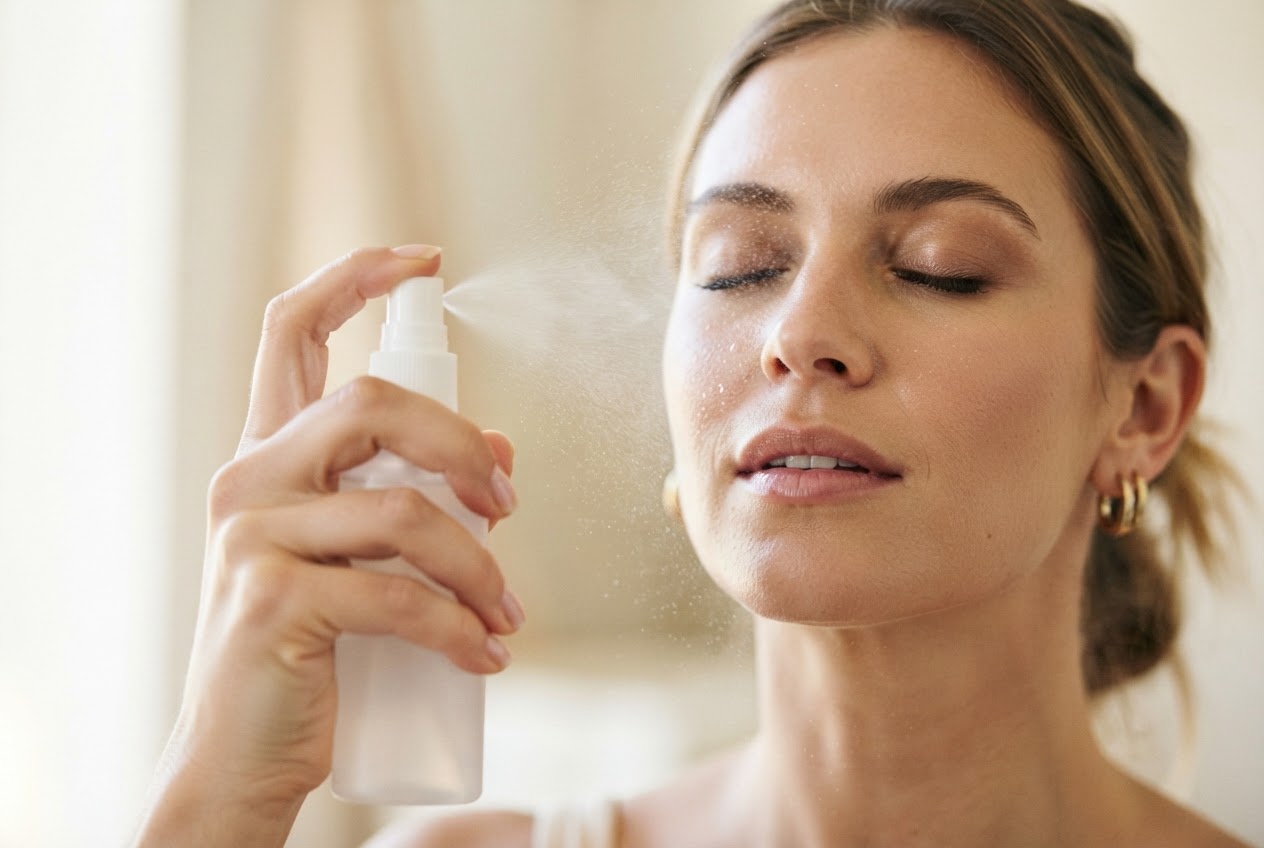 Hand holding an ASTOR setting spray misting over a makeup look.