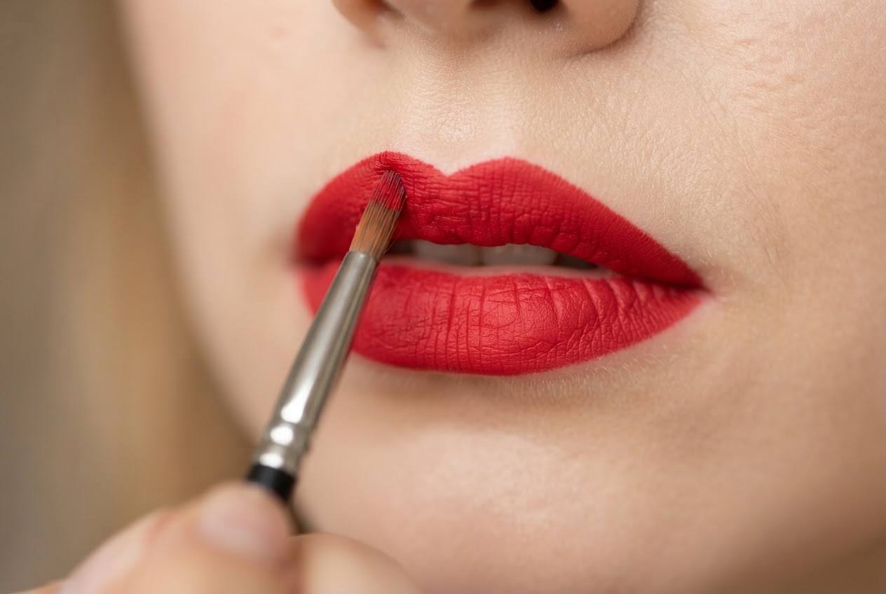 Nahaufnahme eines Lippenpinsels, der die Kontur roter Lippen am Amorbogen nachzieht.