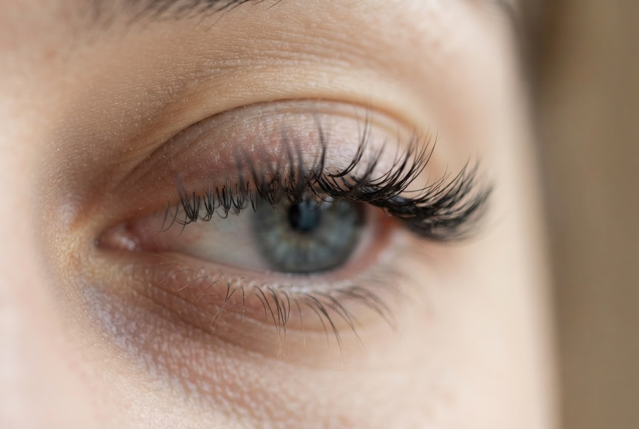 Auge mit Wimpernverlängerungen, bei dem einige Fasern fehlen und der Wimpernkranz lückenhaft wirkt.