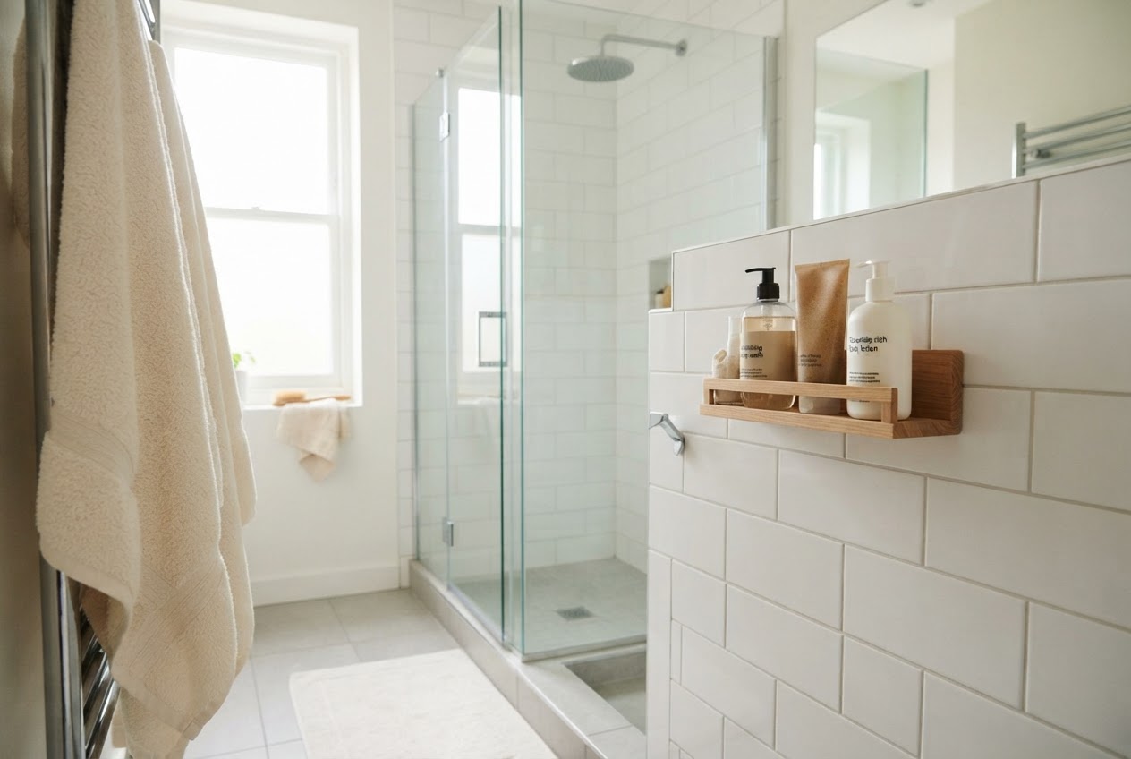 Aufgeräumtes Badezimmer mit Dusche, Regal mit Pflegeprodukten und Handtuch griffbereit